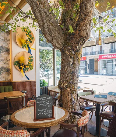 Terrasse extérieure du restaurant Tivoli sous un arbre avec vue sur la rue parisienne