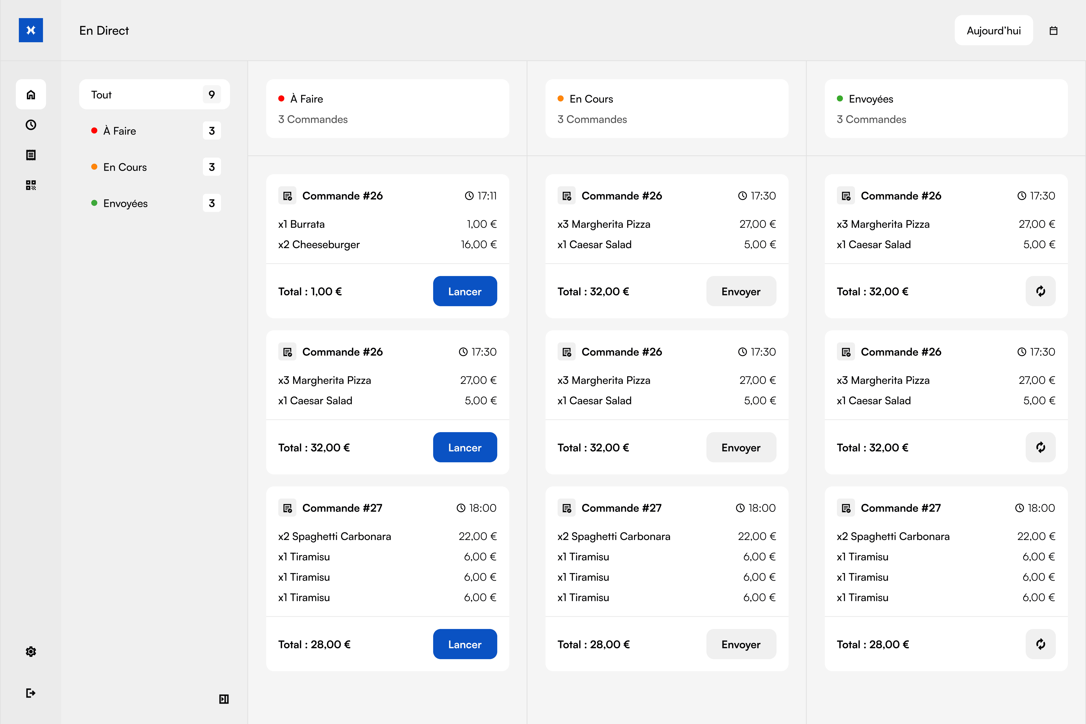 Mockup du design de l'espace de commandes en direct