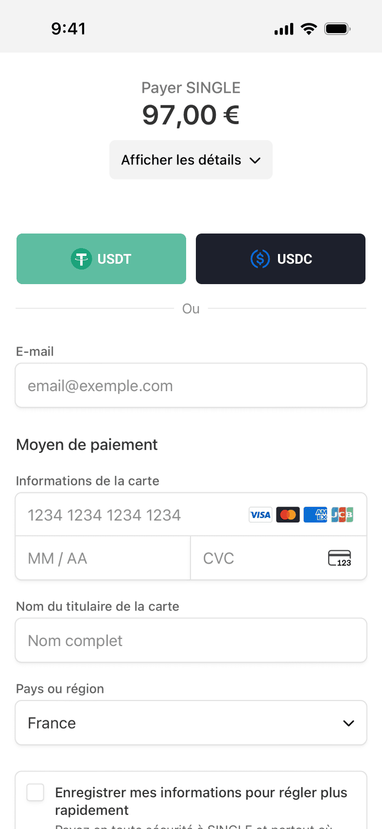 Mockup du menu visualisation aperçu client lors d'un paiement en stablecoins