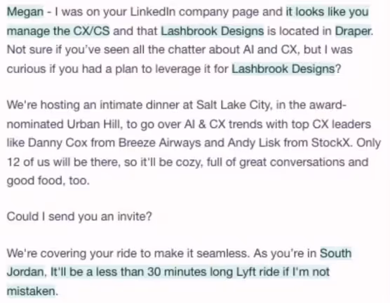 Personalized email invitation for Megan to join an exclusive dinner, referencing her role at Lashbrook Designs and offering a covered ride to the Salt Lake City event..