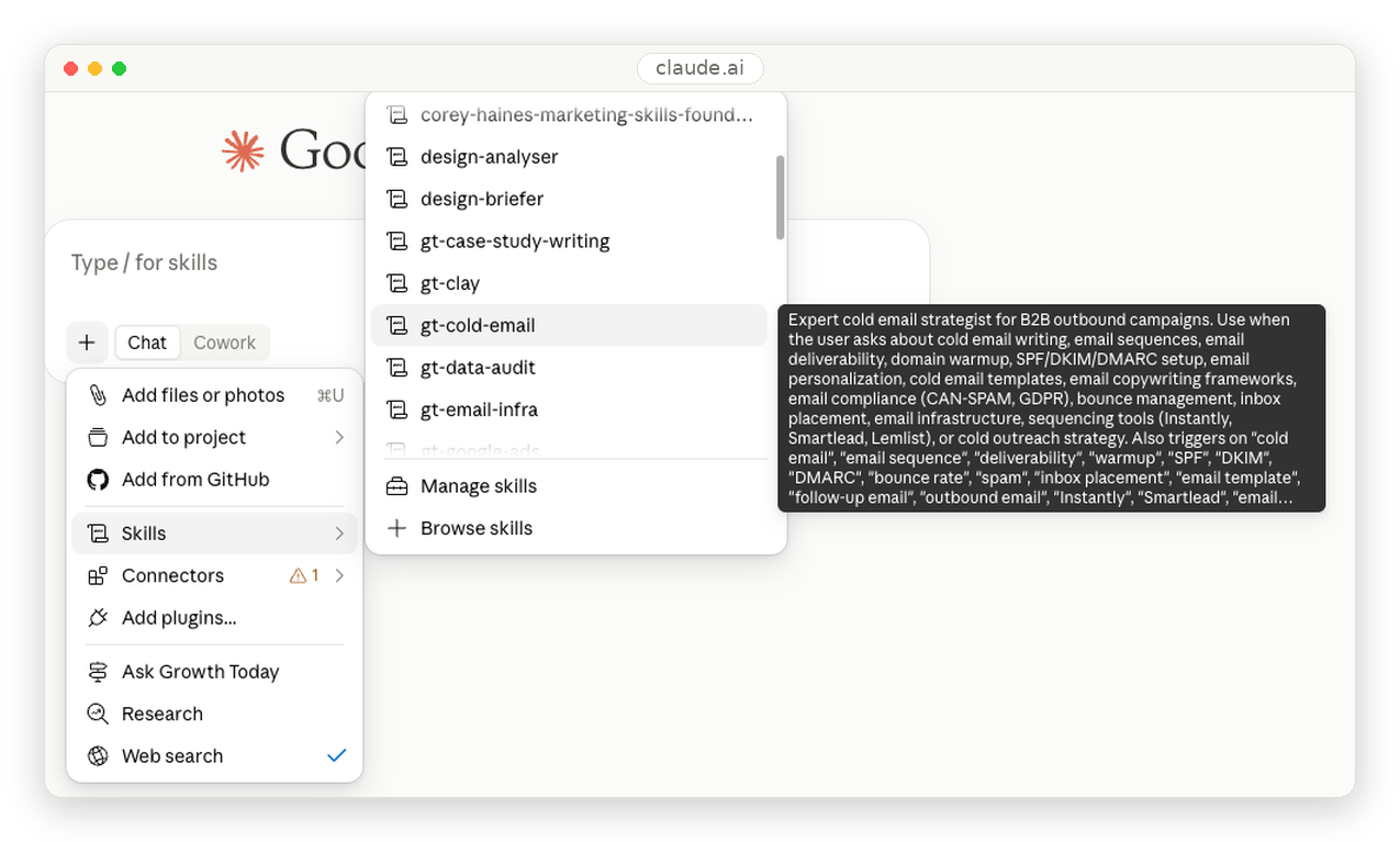 Claude chat slash menu with the gt-cold-email skill selected and its description.