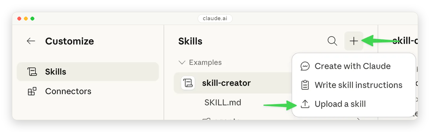 Claude Customize Skills panel with the Upload a skill option open in the add menu.