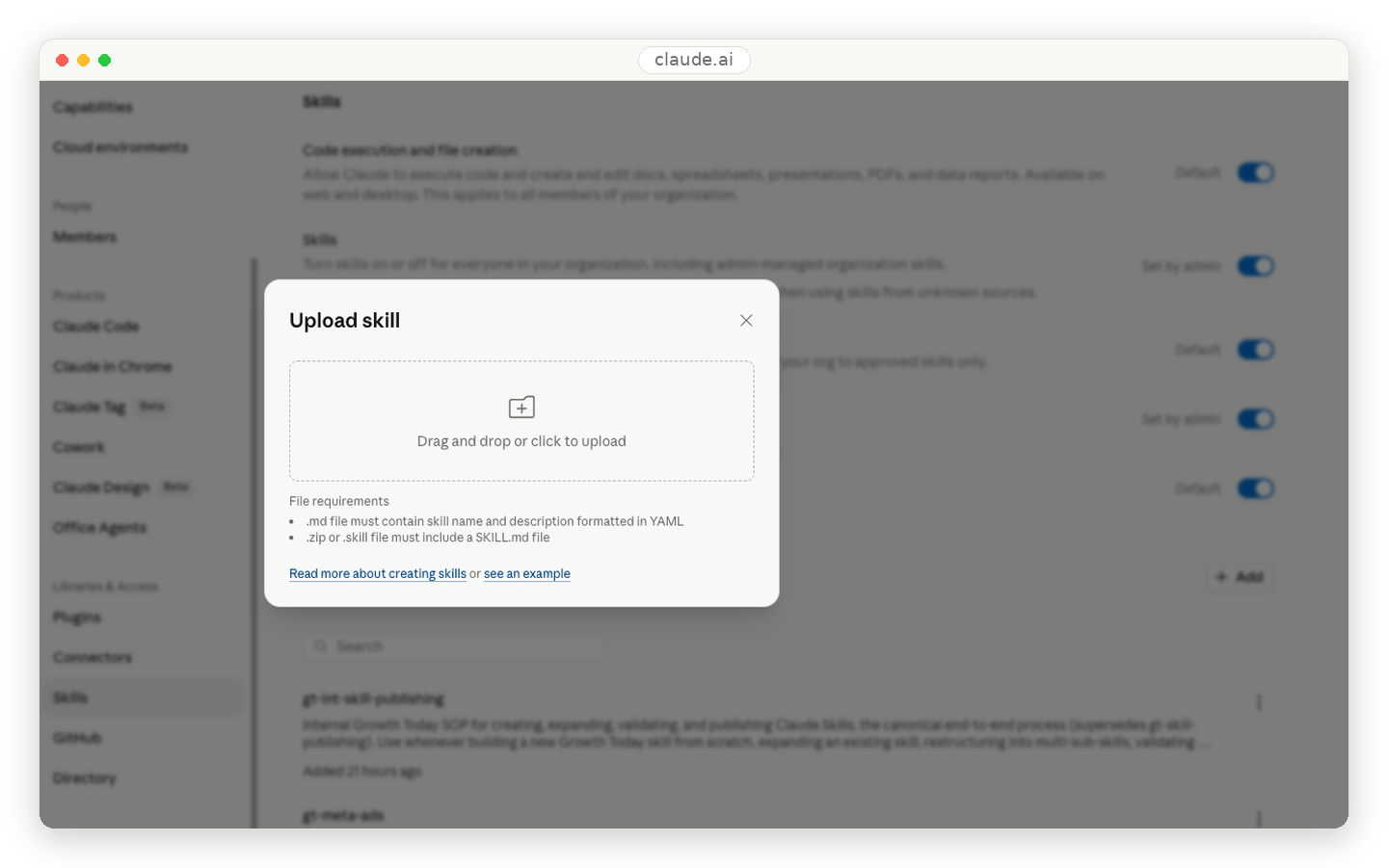 Claude organization settings Skills page with the Upload skill dialog open.