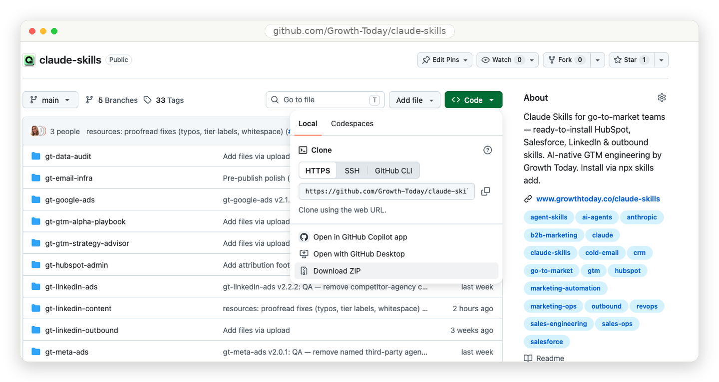 GitHub Code button menu with Download ZIP highlighted on the Growth Today claude-skills repo.