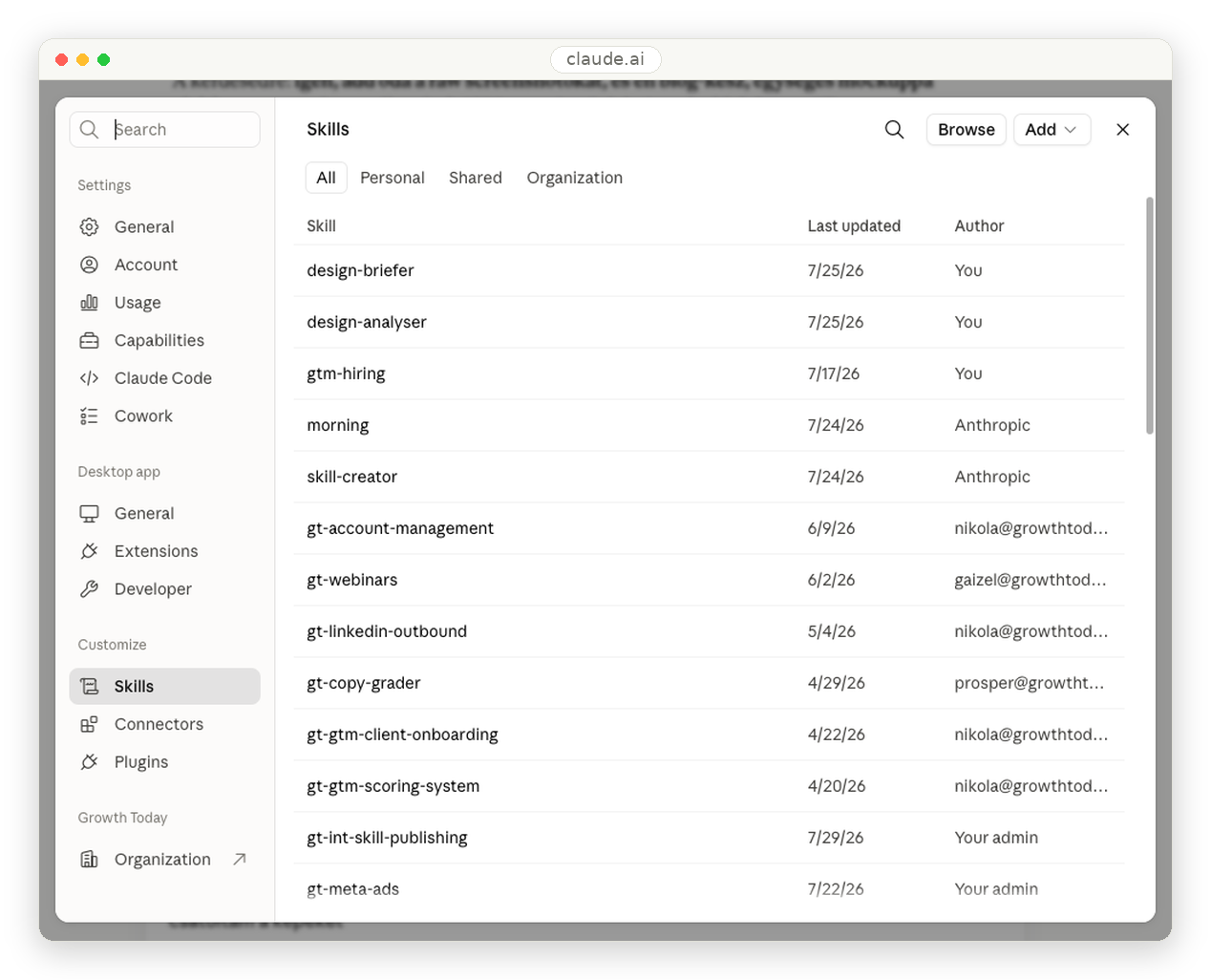 Claude Skills settings list showing installed personal, shared, and organization skills.