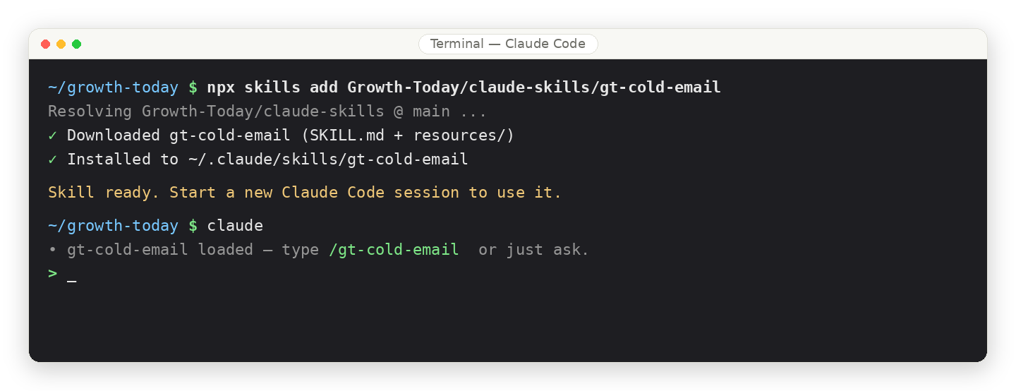 Terminal running npx skills add to install a Growth Today skill in Claude Code.