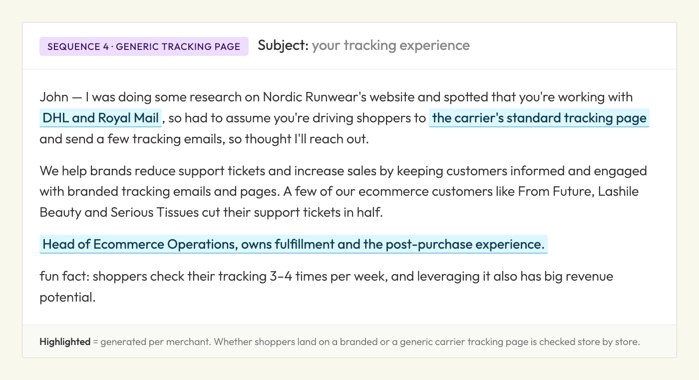 Cold email triggered by the merchant using a generic carrier tracking page