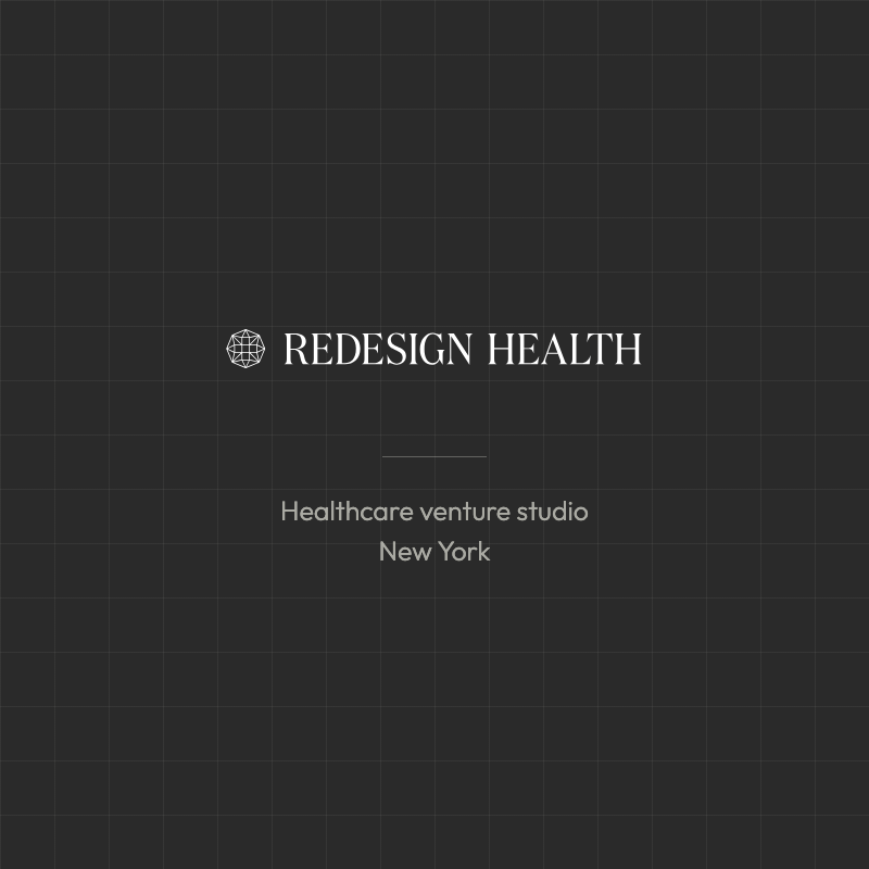 Redesign Health logo on a dark tile, healthcare venture studio, New York