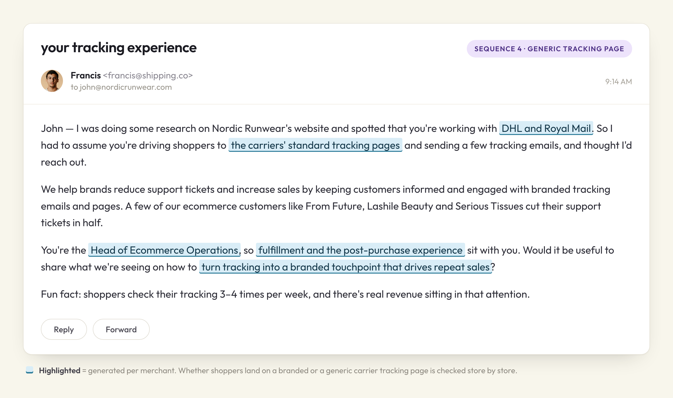 Cold email triggered by the merchant using a generic carrier tracking page