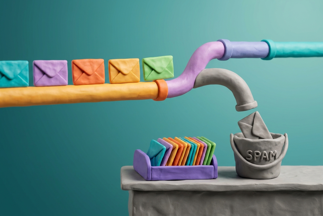 Claymation pipe splitting a stream of colourful envelopes, most landing in a purple inbox tray and one grey envelope dropping into a spam bucket