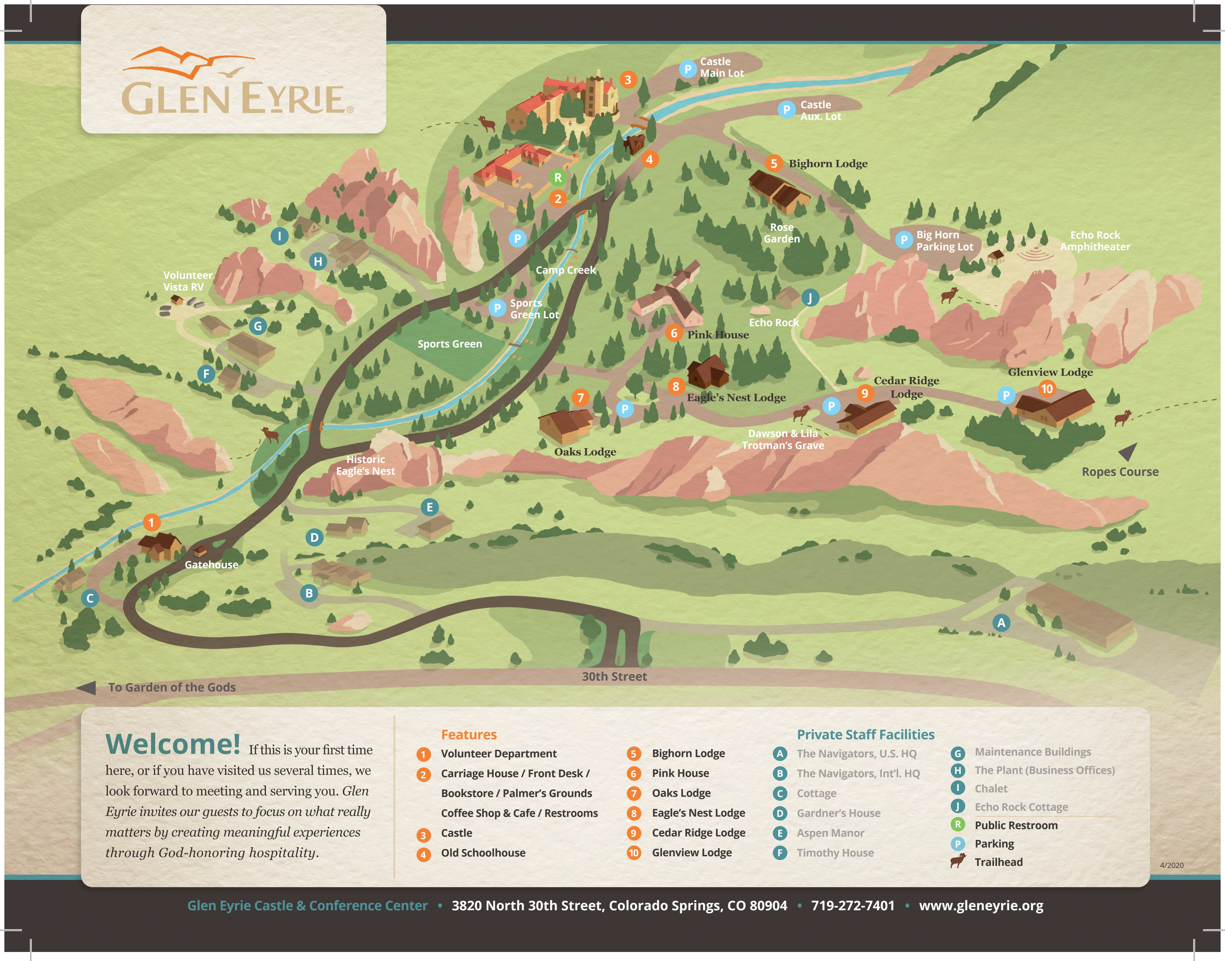 Glen Eyrie property map showing the Castle, Carriage House, lodges, parking and trails