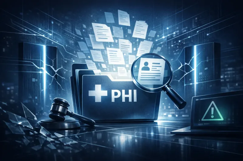 HIPAA violation examples illustrated with a PHI folder, scattered documents, gavel, and warning icon on laptop