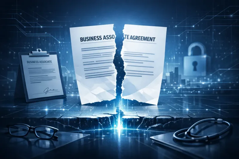 Business associate agreement document torn in half above a cracked surface, with a digital padlock icon symbolizing data security.