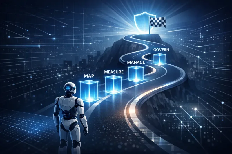 NIST AI Risk Management Framework 1.0 shown as a winding road with Map, Measure, Manage, Govern steps to a shield flag