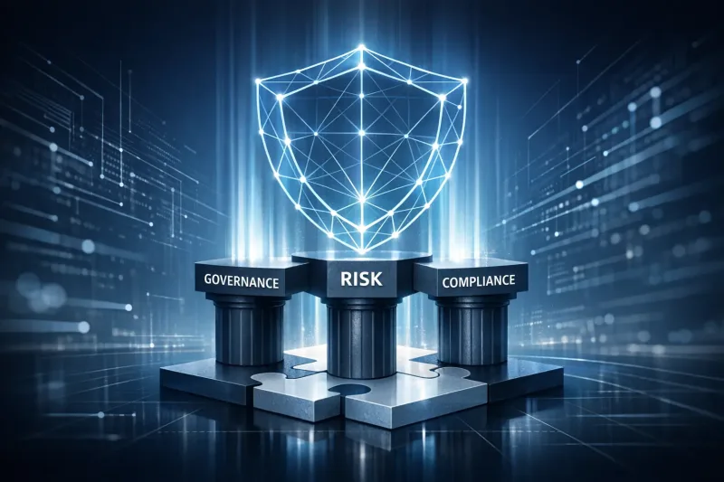 What is GRC concept image showing three pillars labeled Governance, Risk, and Compliance supporting a glowing digital shield.
