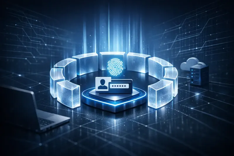 NIST SP 800-207 zero trust architecture illustrated with digital shield, fingerprint icon, login card, and glass block ring around it
