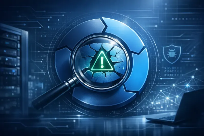 Vulnerability management lifecycle illustrated with magnifying glass over cracked warning icon and cyclical arrows, digital security background