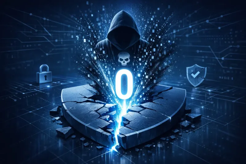 Ransomware attack zero-day vulnerability concept with hooded hacker over cracked shield displaying number zero