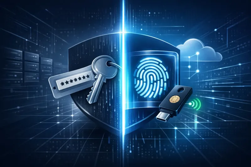 Passkey vs password illustration with a security shield, fingerprint icon, key, and USB security key on digital background