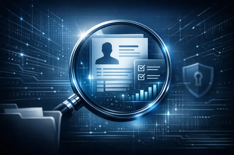 Purpose of a privacy impact assessment illustrated by magnifying glass over profile document, checklist, and security shield icons
