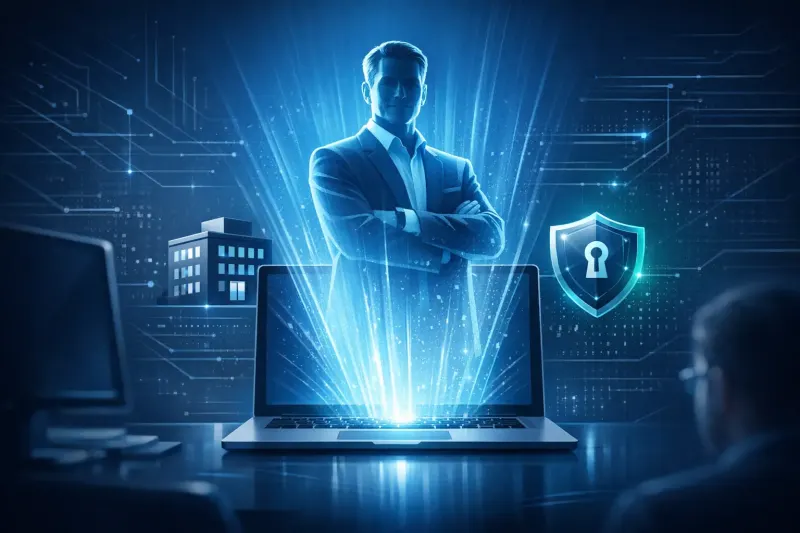 vCISO hologram of businessman with crossed arms rising from laptop screen beside digital security shield icon