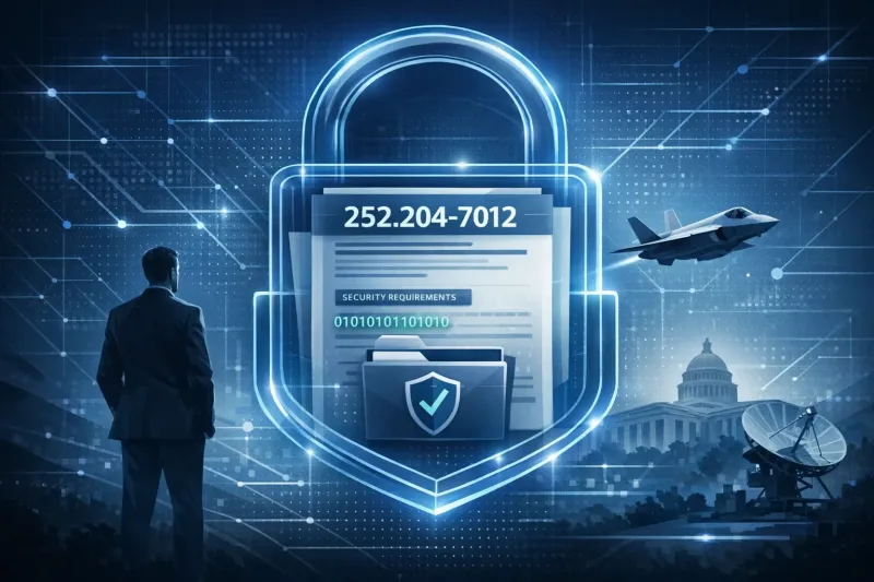 DFARS 252.204-7012 clause document inside digital lock icon with fighter jet and Capitol building backdrop