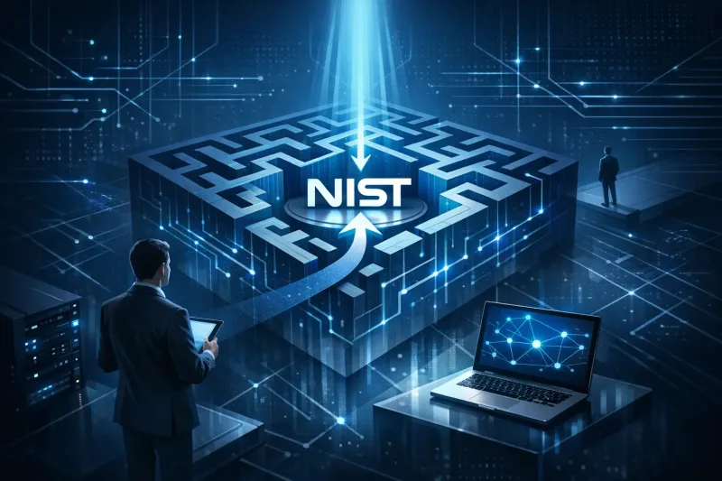 NIST compliance concept showing a maze leading to a glowing NIST label, with a businessman holding a tablet and a laptop nearby.