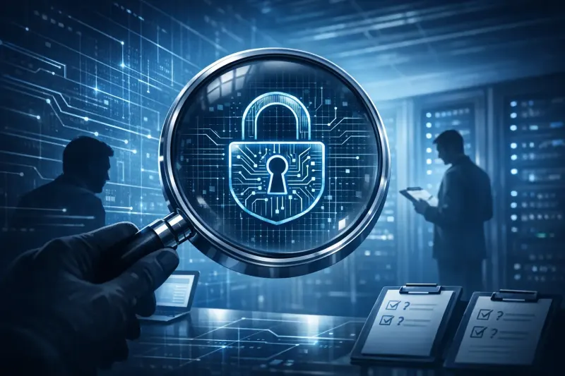CMMC audit concept showing magnifying glass over digital padlock icon with server room and checklist clipboards
