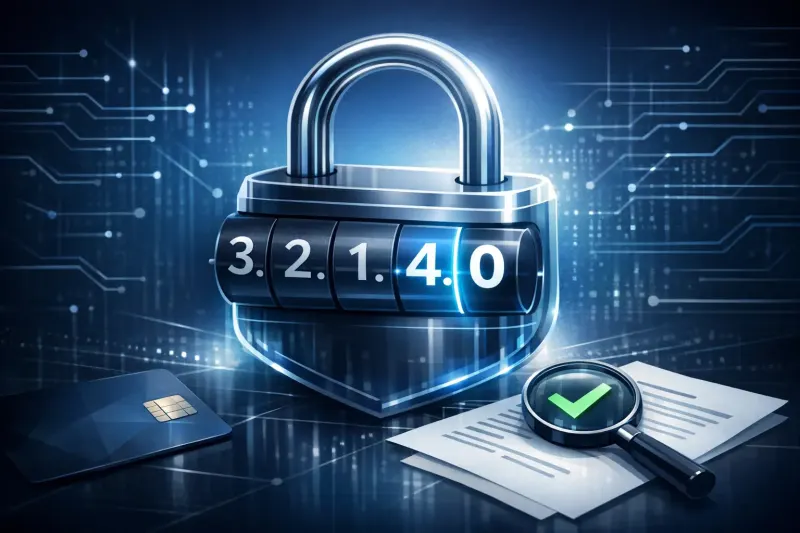 PCI DSS 4.0 padlock combination lock with chip card and compliance checklist under magnifying glass