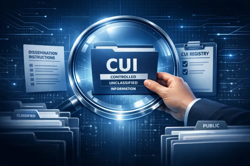 Who is responsible for applying CUI markings: hand holding folder labeled Controlled Unclassified Information amid magnifier, registry, classified and public files