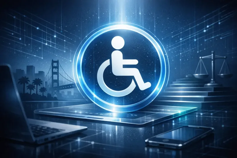 ADA compliance icon glowing above a digital tablet, with scales of justice, laptop, and city skyline in background