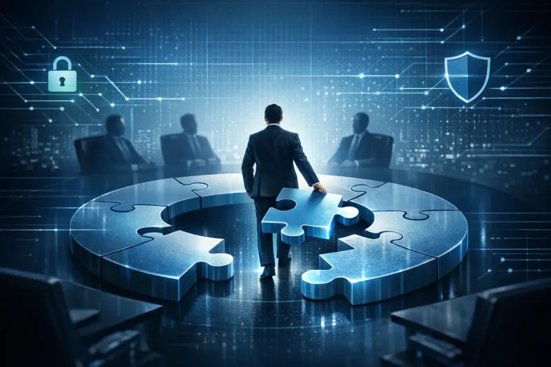 vCISO placing a puzzle piece into a circular boardroom table, symbolizing fractional cybersecurity leadership