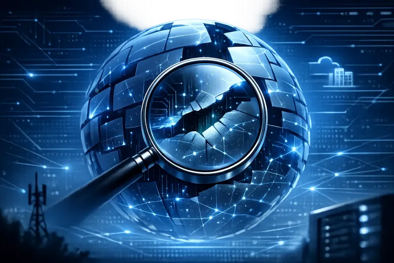 EASM concept image showing a magnifying glass revealing cracks in a digital globe amid network data lines
