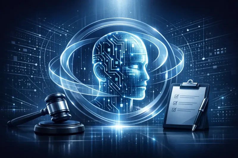 AI compliance concept showing digital human head profile, gavel, and clipboard checklist on blue tech background