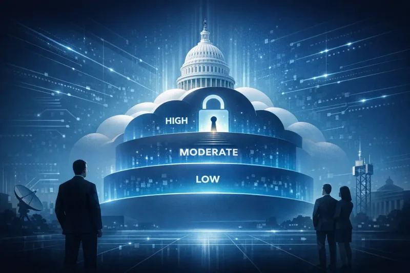 FedRAMP tiered cloud diagram with Low, Moderate, High levels below a government capitol dome and lock icon.