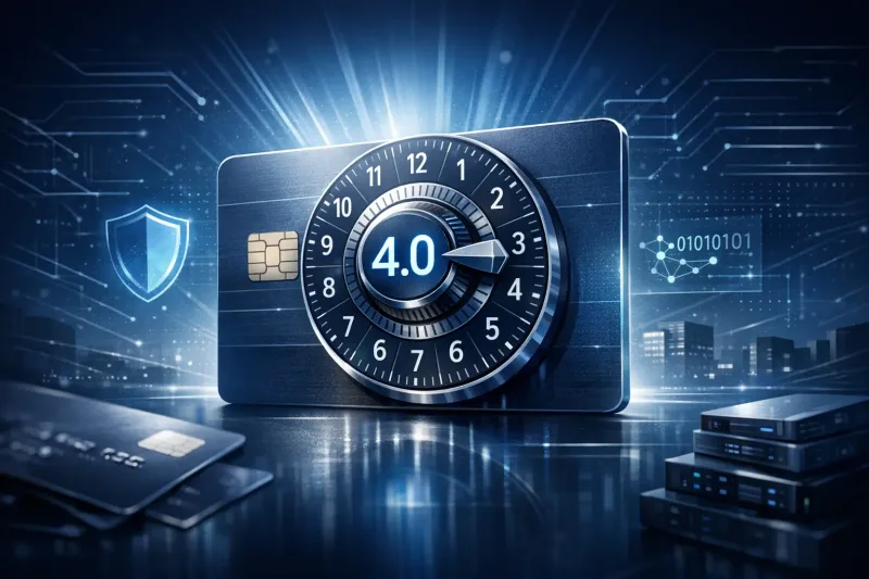 PCI DSS 4.0 concept showing a credit card with chip and a safe dial labeled 4.0, shield icon, and server stack.