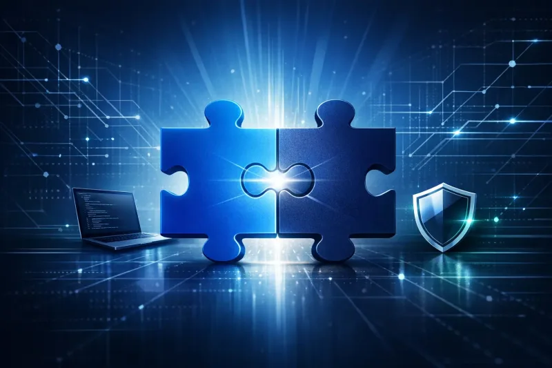 Purple team concept: two connecting puzzle pieces between a laptop and a security shield on a digital network background