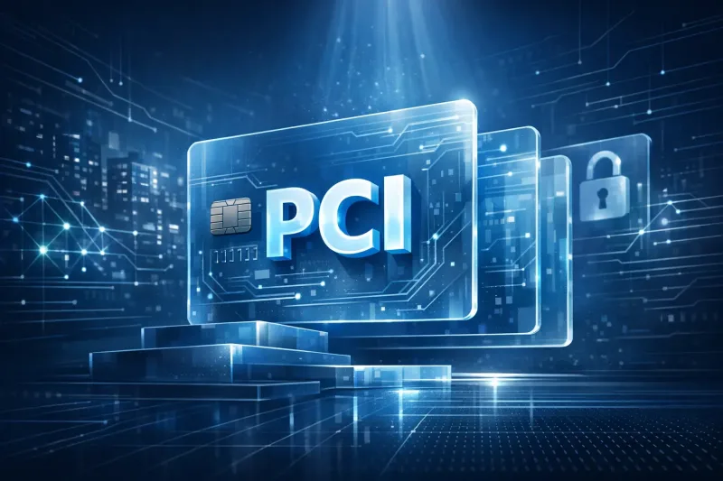 What is PCI: digital illustration of a glowing credit card with chip labeled PCI beside a padlock security icon