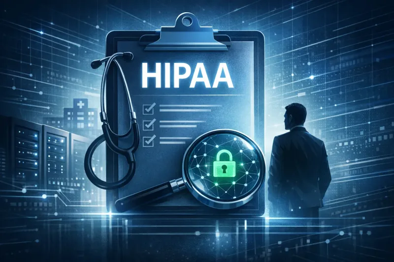 HIPAA security consulting concept: clipboard with HIPAA checklist, stethoscope, magnifying glass over a digital lock icon