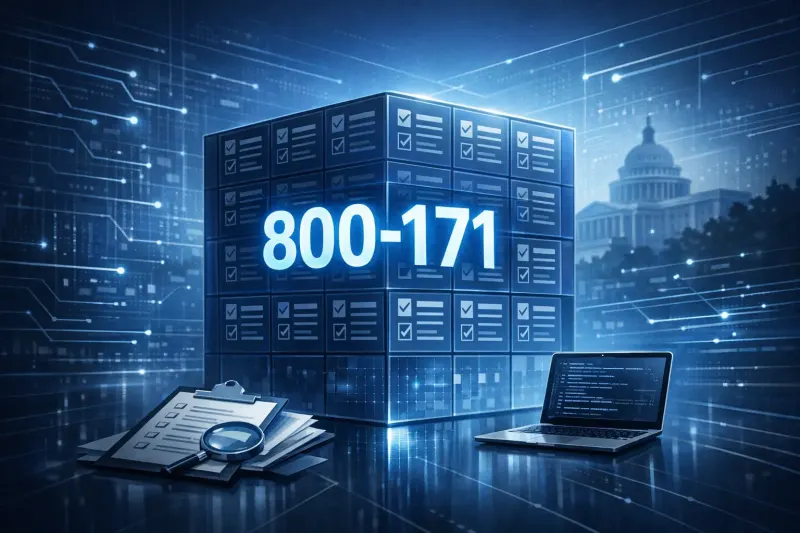 NIST 800-171 compliance concept with glowing cube of checklist panels, laptop, clipboard, and Capitol building backdrop