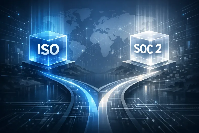 ISO 27001 vs SOC 2 concept image showing glowing glass cubes labeled ISO and SOC 2 on diverging digital roads