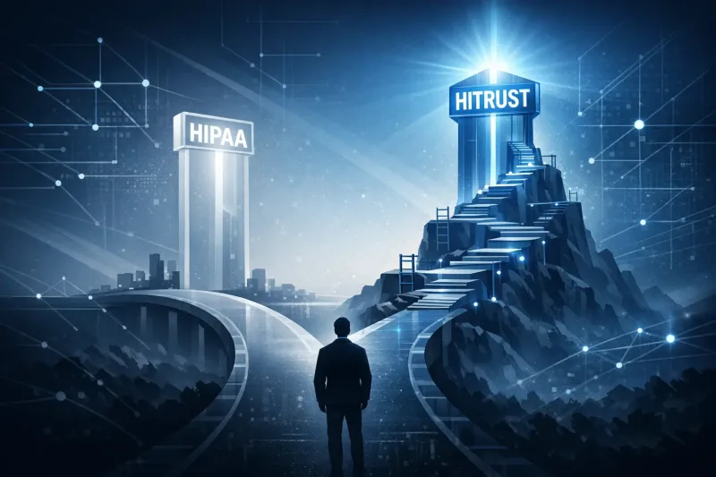 HITRUST certification vs HIPAA illustrated as a man choosing between a HIPAA tower and a mountain path to a glowing HITRUST summit