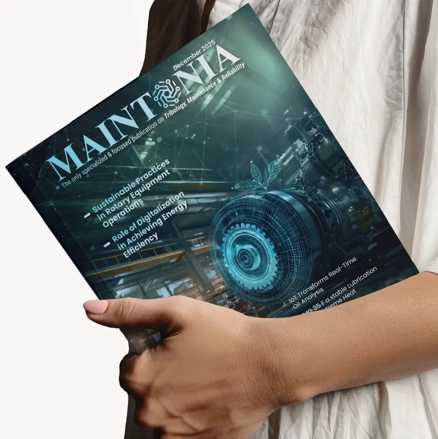 Person holding the December 2025 issue of MAINTENA magazine featuring digital gear and energy efficiency topics.