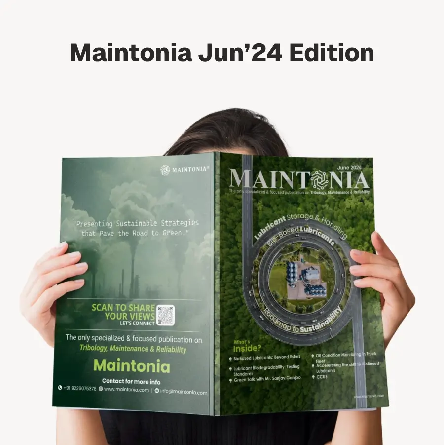 Person holding open the June 2024 edition of Maintonia magazine featuring sustainable strategies and roadmap to sustainability in lubricant storage and handling.