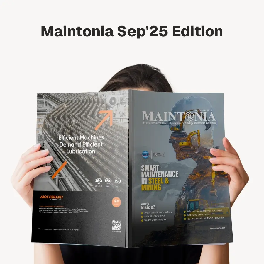 Person holding the Maintonia Sep'25 magazine edition featuring smart maintenance in steel and mining with industrial machinery imagery.