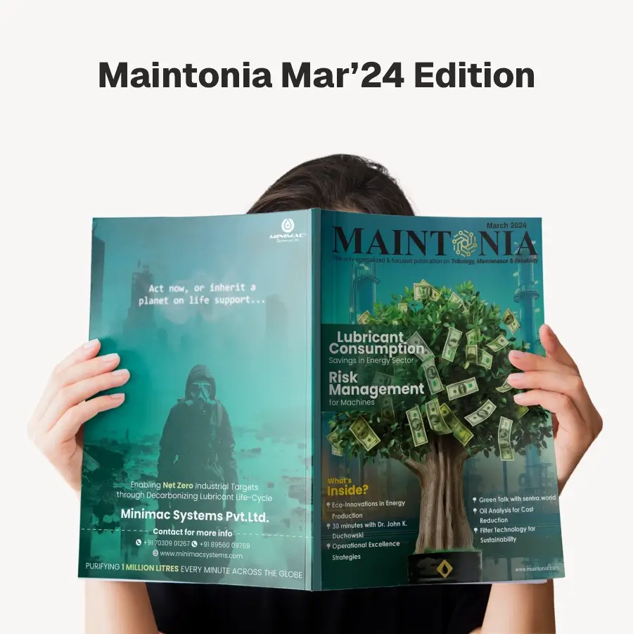 Person holding the Maintonia March 2024 edition magazine with cover showing a money tree and topics on lubricant consumption and risk management.