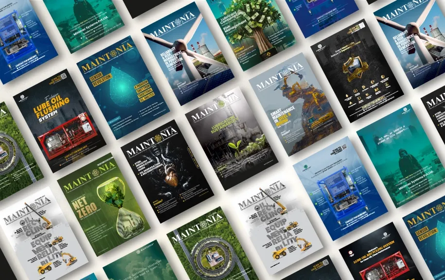 A collage of multiple Maintonia magazine covers featuring themes of industrial maintenance, sustainability, technology, and machinery.