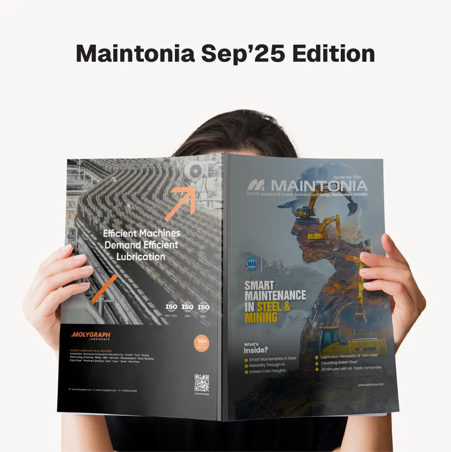 Person holding the July 2023 edition of Maintonia magazine featuring sustainability and net zero in oil and gas industry with a green-themed cover showing an hourglass with industrial imagery and a truck advertisement.