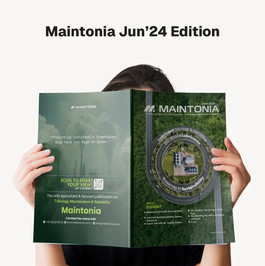 Person holding open the June 2024 edition of Maintonia magazine featuring sustainable strategies and roadmap to sustainability in lubricant storage and handling.