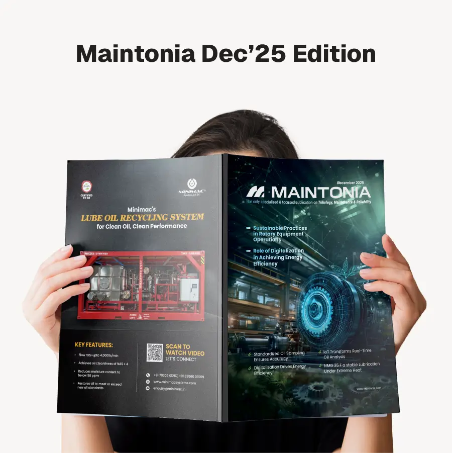 Person holding open the Maintainia magazine December 2025 edition featuring articles on sustainable rotary equipment practices and digitalization for energy efficiency.